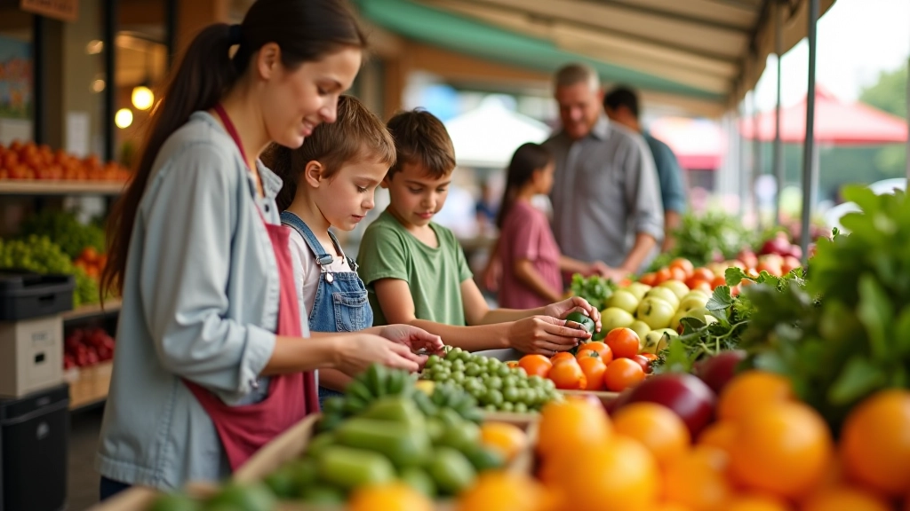 Family shopping at outdoor farmers market with fresh vegetables and local products displayed at market stalls