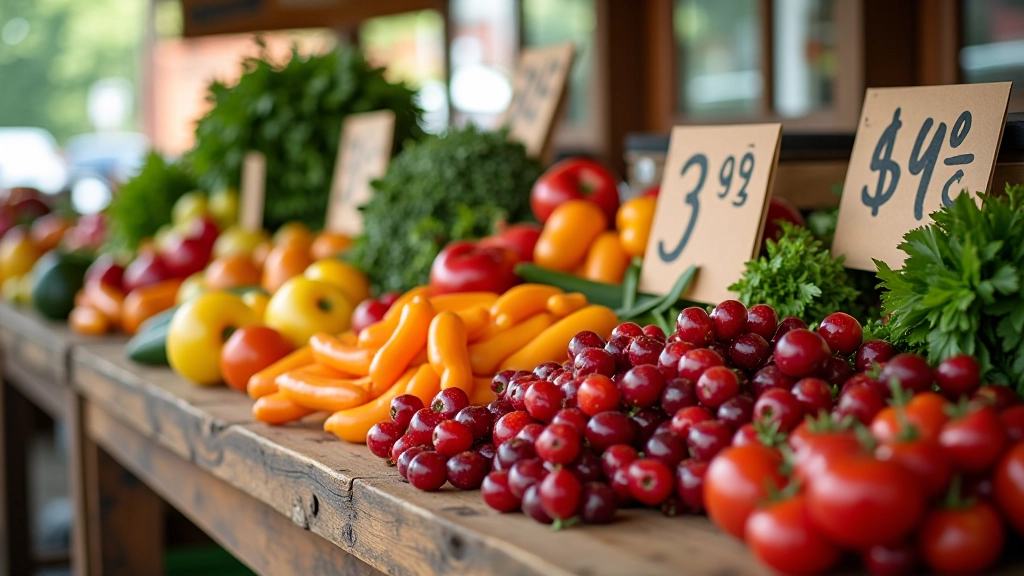 Colorful seasonal produce displayed at farmers market stall with price signs and fresh vegetables