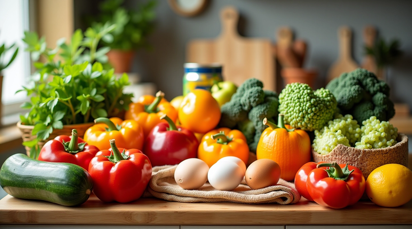 Fresh groceries including vegetables, fruits, and pantry staples arranged on a wooden kitchen counter with natural morning light