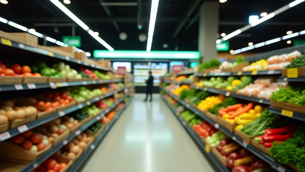 Well-stocked supermarket produce section with bright lighting and organized rows of packaged and fresh items