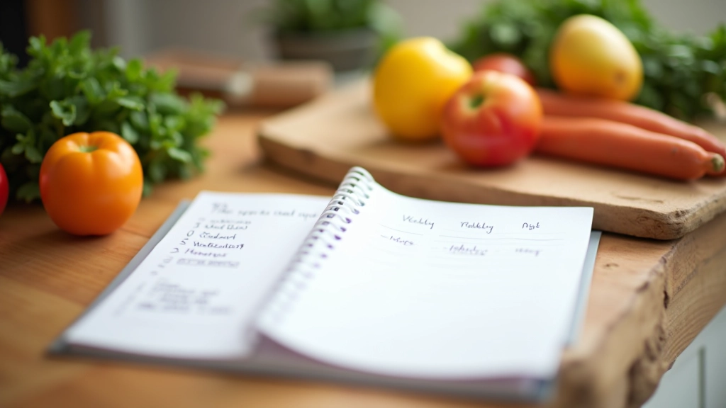 Meal planning notebook open on kitchen counter with grocery list, weekly schedule, and recipe ideas handwritten