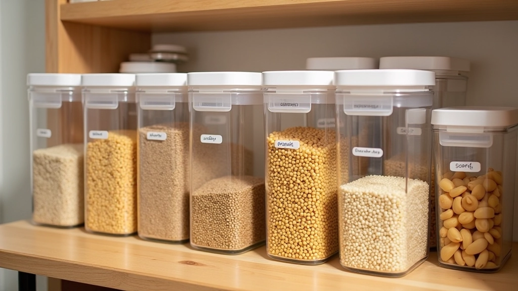 Well-organized pantry shelves with labeled containers of pasta, grains, legumes, and canned goods clearly visible